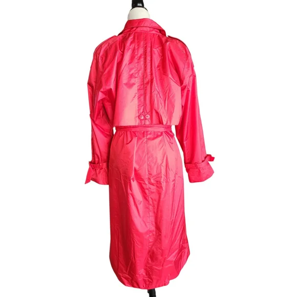 Vintage 80s Paris Sport Club Red Belted Long Nylon Trench Coat Women's 7/8 M - Picture 9 of 16